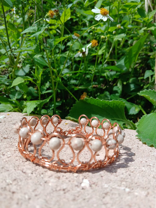 Polished Copper Wavy Flow Bracelet - with White Jasper Beads