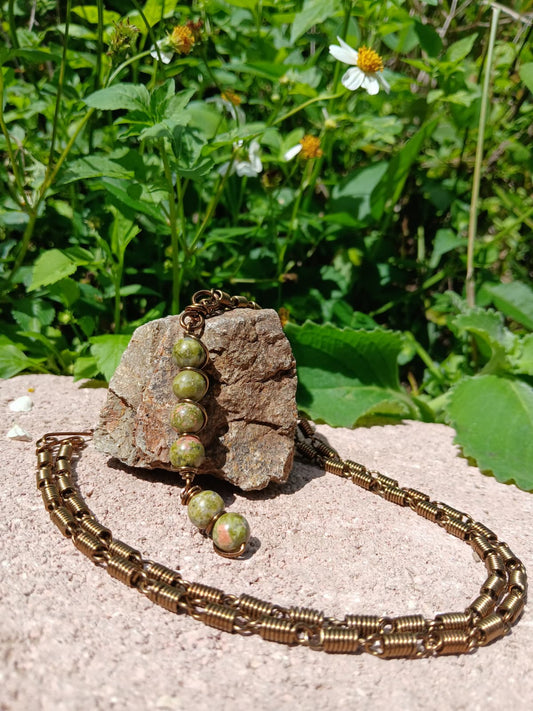 Antique Copper Beaded Unakite Pendulum Necklace